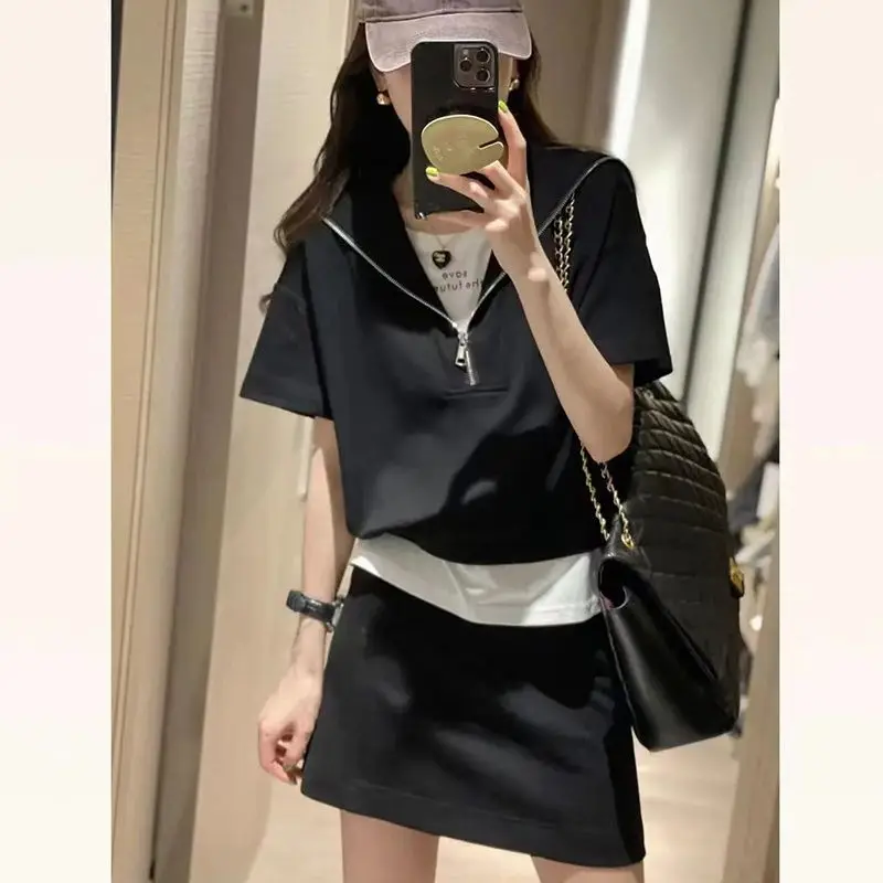 Summer Outfits 2023 New Arrival Fashion Casual Sportswear Hooded Short Sleeved High Waist Skirt Two-piece Set for Women