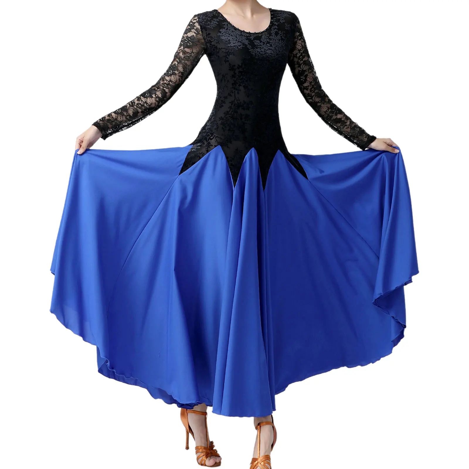 TiaoBug Womens Ballroom Dancing Dresses Long Sleeve Lace Patchwork Skirt for Waltz Cha-Cha Performance Competition