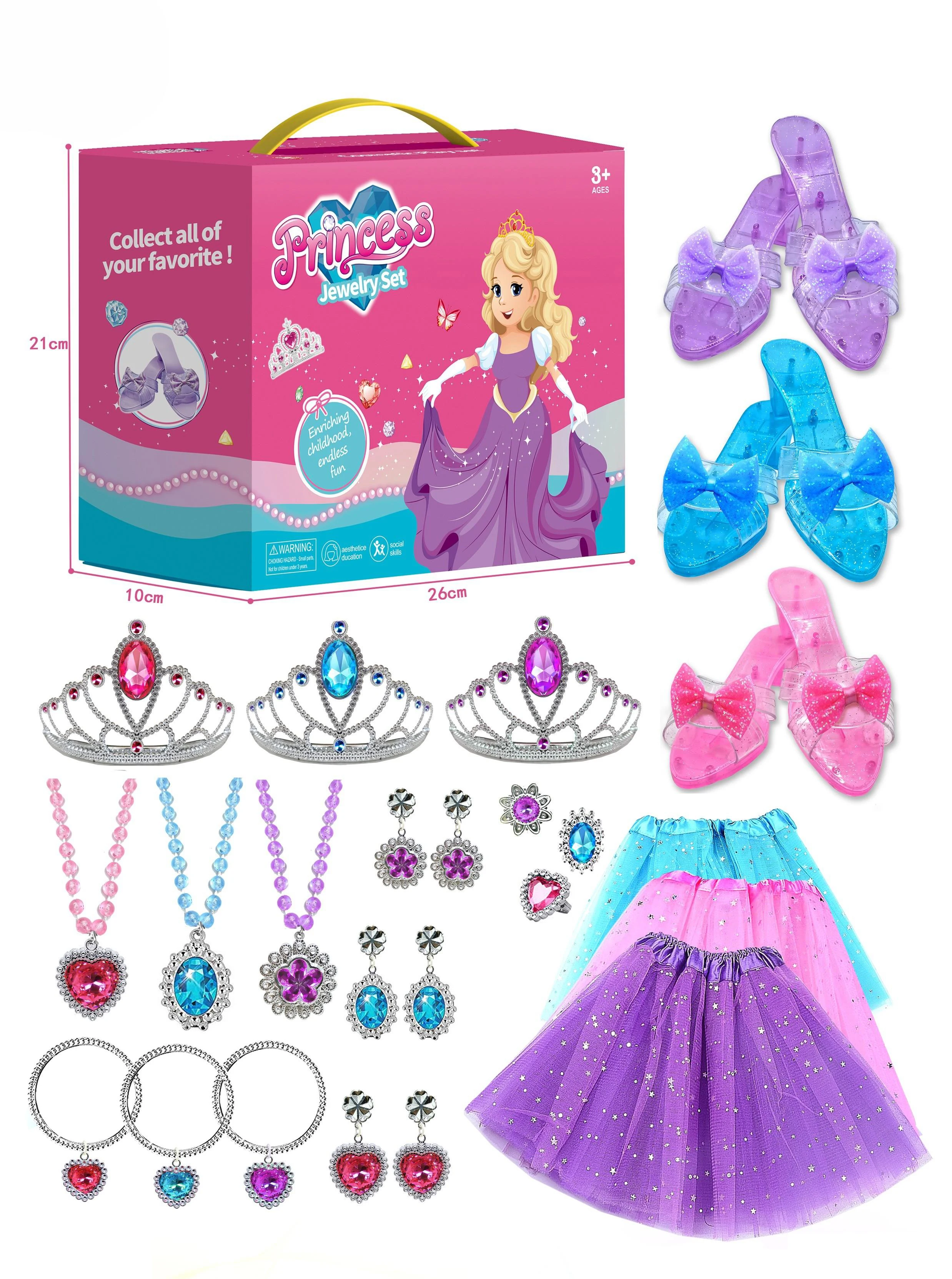 Princess Dress Up Role Play Jewelry Set for Girls, Pretend Play Fashion Accessories with High Heel Shoes, Crowns, Necklaces Girl