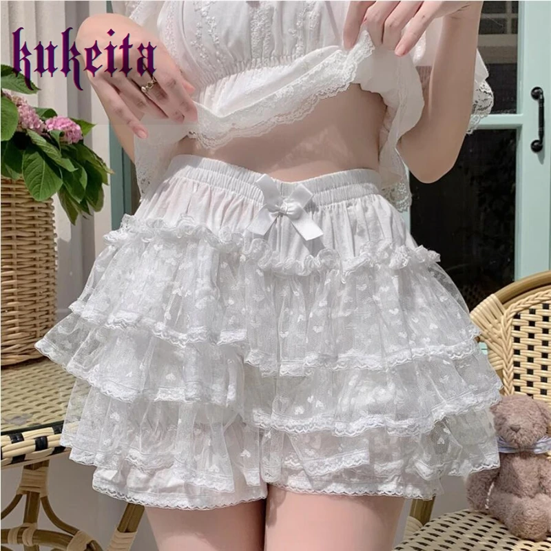 Harajuku Kawaii Black White Pumpkin Pants Women Japan Sweet Lace Ruffles Mesh Patchwork Lolita Safety Shorts Cute JK Bloomers