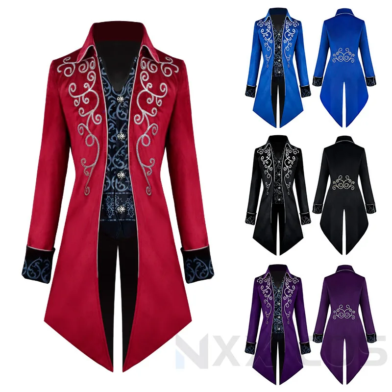 

Men's Retro Tailcoat Suit Jacket Gothic Steampunk Long Jacket Victorian Frock Coat Cosplay Male Single Breasted Swallow Uniform