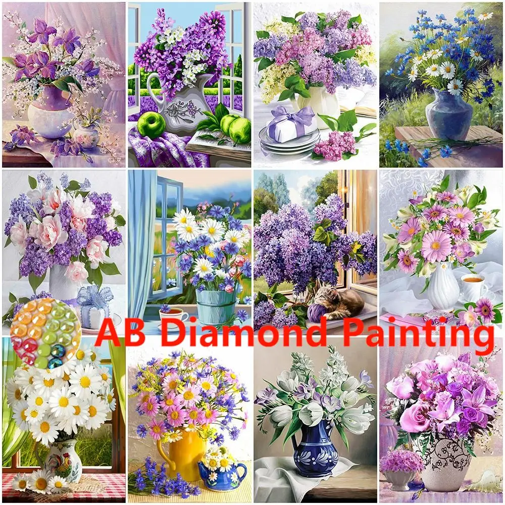 AB Full Square Diamond Painting Flower New Collection Cross Stitch Kits Diamond Embroidery Lilac Daisy Mosaic Wall Art