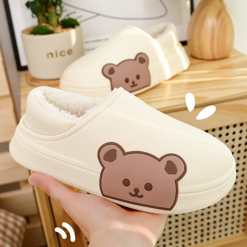Cotton Fuzzy Slippers Women Home Winter Warm Plush Indoor Ladies Shoes Slides Cartoon Bear Female Kawaii Waterproof Slippers Men