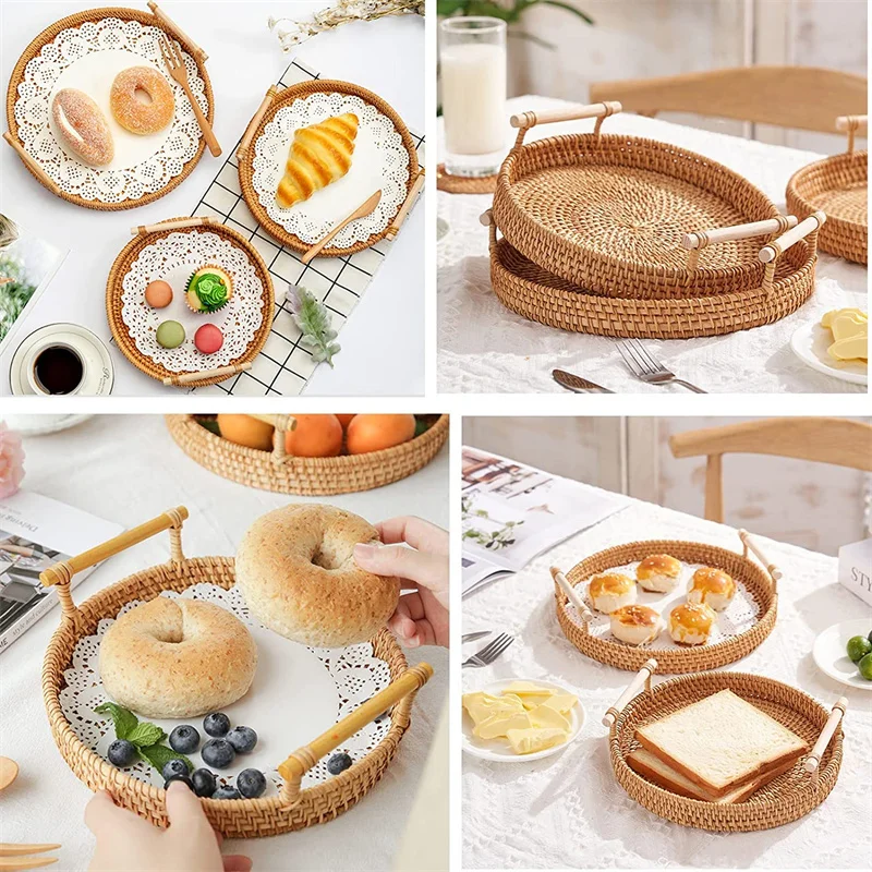 Handwoven Rattan Storage Tray Basket With Wooden Handle Bread Basket Tray Fruit Wicker Tray Coffee Table Decorative Tray 5