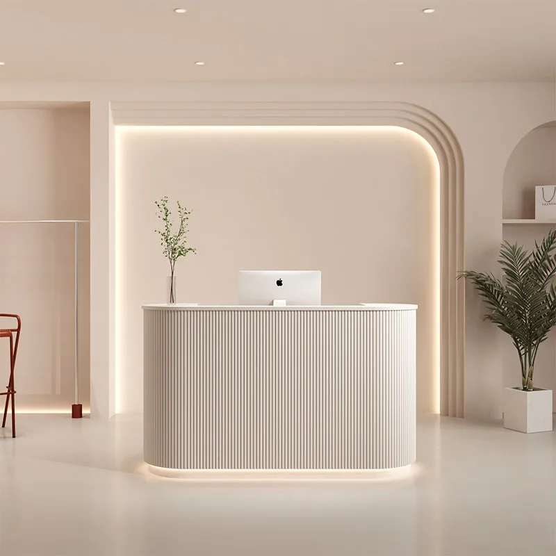 Modern Curved Reception Desk with LED Light Beige Wave Front Desk for Beauty Salon Nail Shop Spa Commercial Furniture