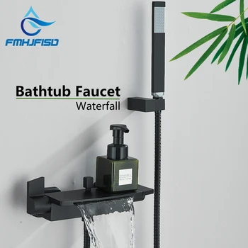 Fmhjfisd ก๊อกอ่างอาบน้ำฝักบัวน้ำตกสีดำติดตั้งบนผนังฝักบัวพร้อมที่จับผสมก๊อกน้ำก๊อกน้ำฝักบัวอาบน้ำร้อนเย็น 1