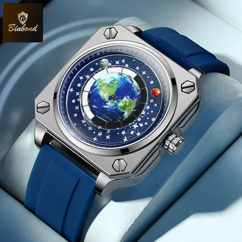 BINBOND Brand Watch For Men Rotating Earth Dial New Concept Creative Blue Planet Non Mechanical Pointer Silicone strap Men Watch