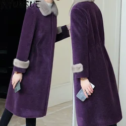 100% Sheep Shearing Jacket Women 2024 Autumn Winter Wool Coats For Women Mid-length Wool Jacket Fur Coat Mink Fur Collar Casaco