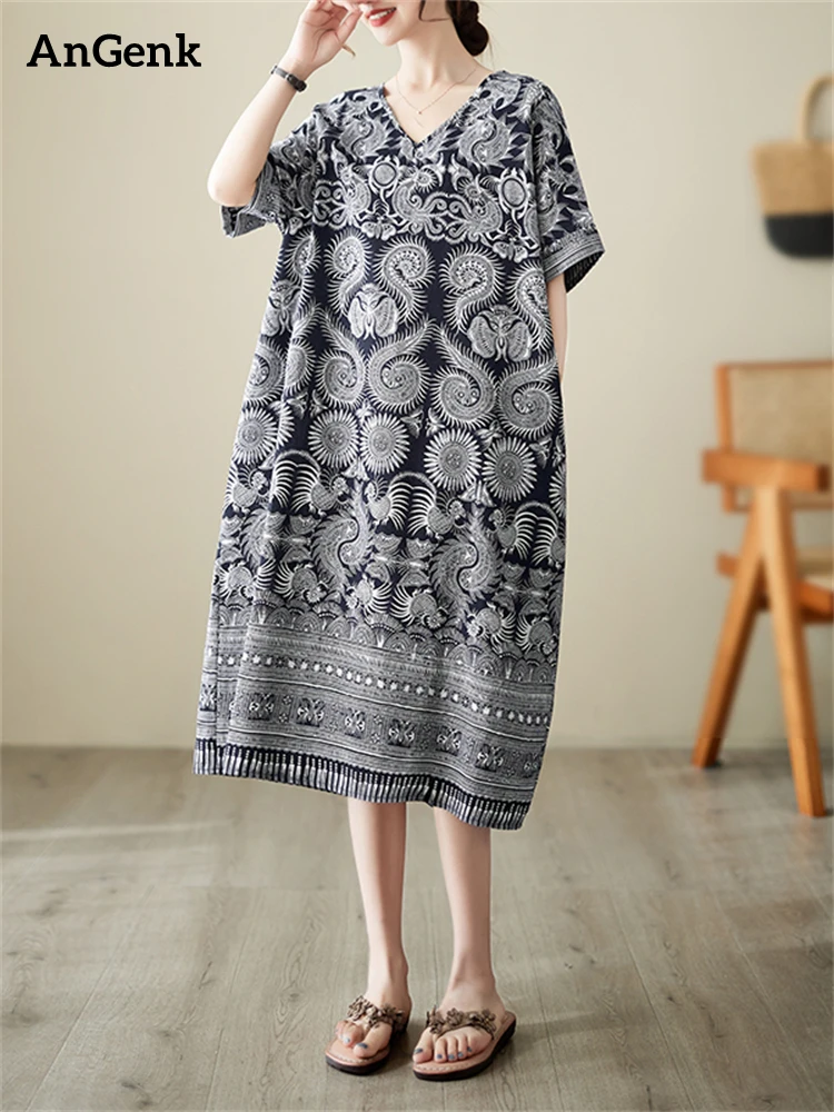 

Cotton Short Sleeve Vintage Dresses For Women 2023 New Summer Casual Loose Midi Dress Femme Vestidos Elegant Office Lady Clothes