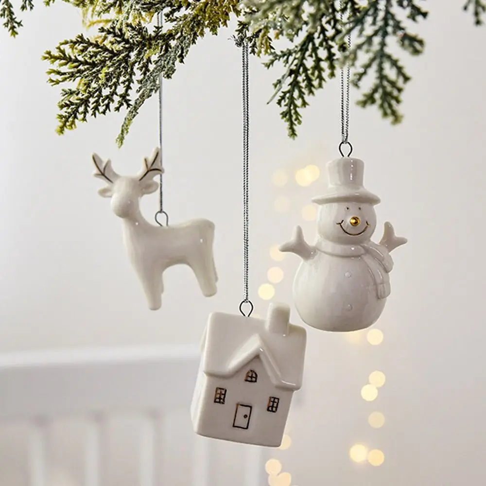 Ceramic Crafts Christmas Ceramic House Pendant Scene Layout Home Decor New Year Party Decoration Gifts Hollow out Snow House