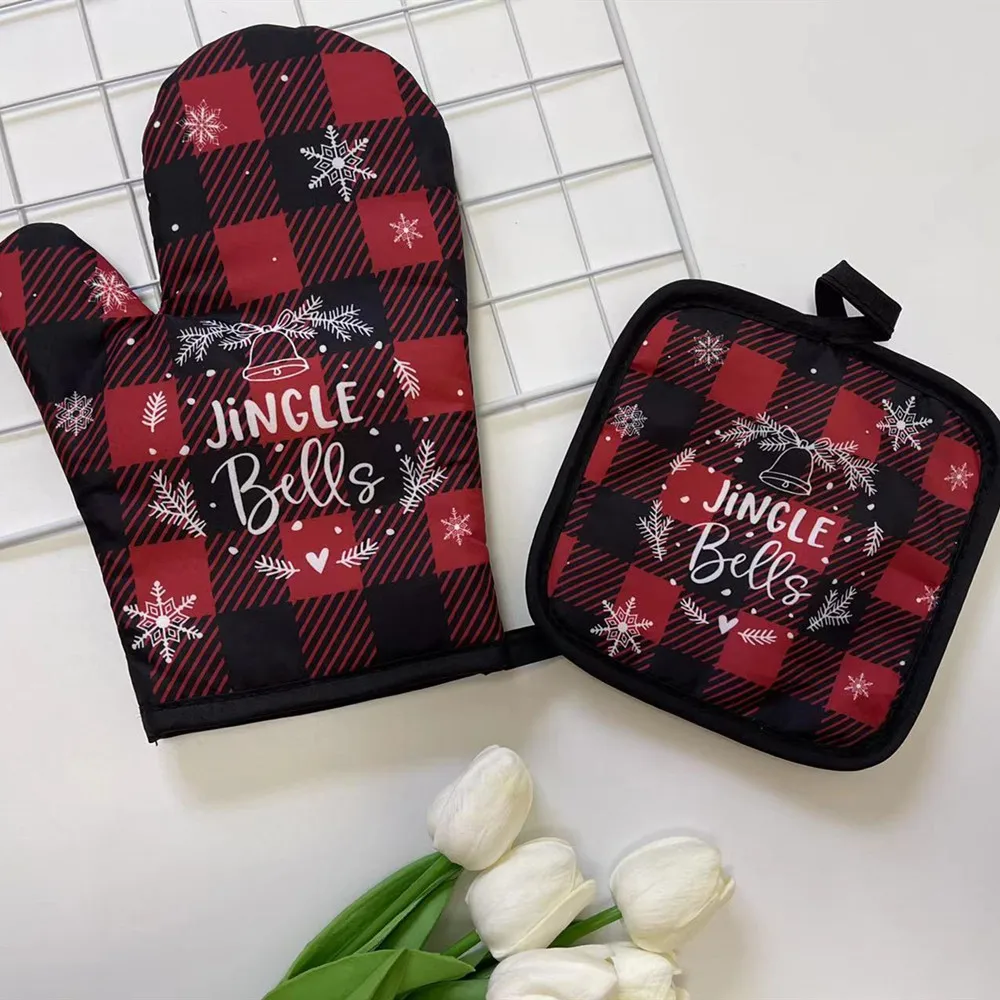 Kitchen Heat-resistant Heat-resistant and Heat-insulating Gloves with Cute Christmas Print Decoration Suitable for Ovens