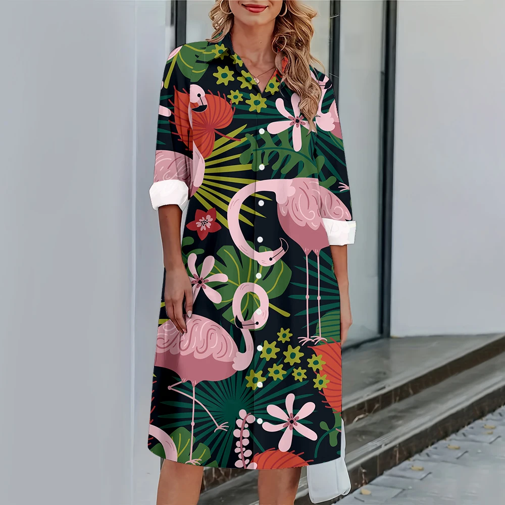 

New Women's 3D Flamingo Print Long Shirt Dress Fashion Loose Dress Summer Autumn Ladies Oversized Holiday Dress 2023