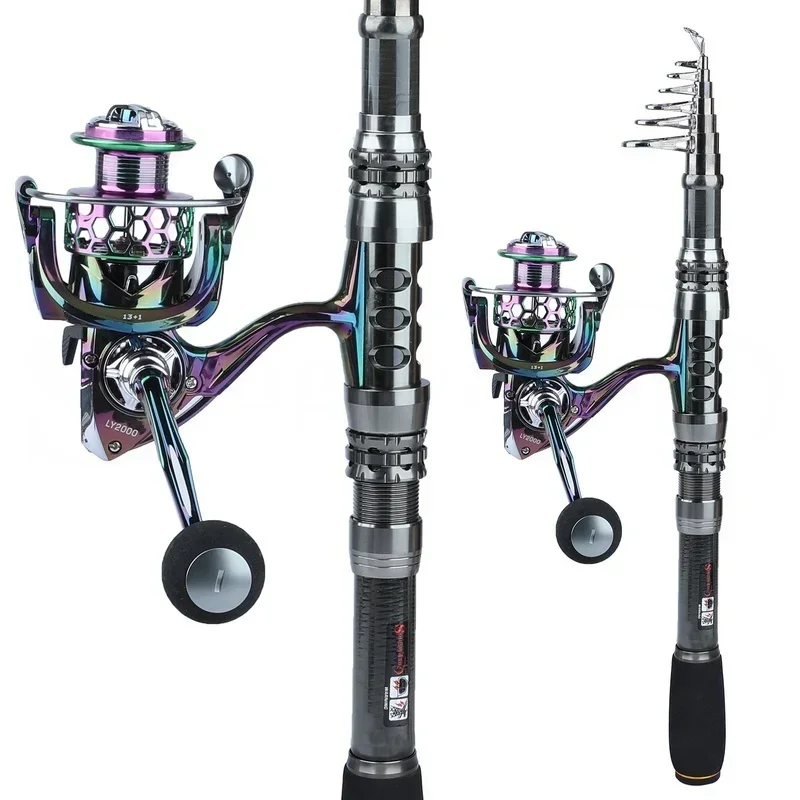Sougayilang Telescopic Fishing Rod Spinning Reel and Fishing Line Lures Carrier Bag Set for Travel Saltwater Freshwater fishing pole set fishing rod and reel combo