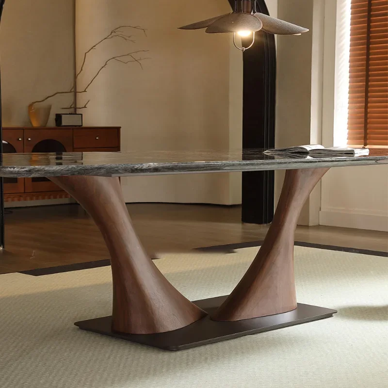Dining table high-end marble solid wood walnut color Italian minimalist household rectangular dining table