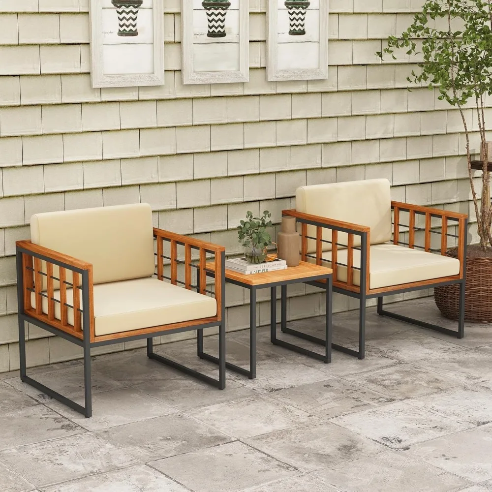 3 Pieces Patio Chair Set, Acacia Wood Outdoor Sofa Set with Metal Support, Soft Seat & Back Cushions Included, Cushions 4