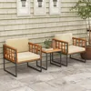3 Pieces Patio Chair Set, Acacia Wood Outdoor Sofa Set with Metal Support, Soft Seat & Back Cushions Included, Cushions 4