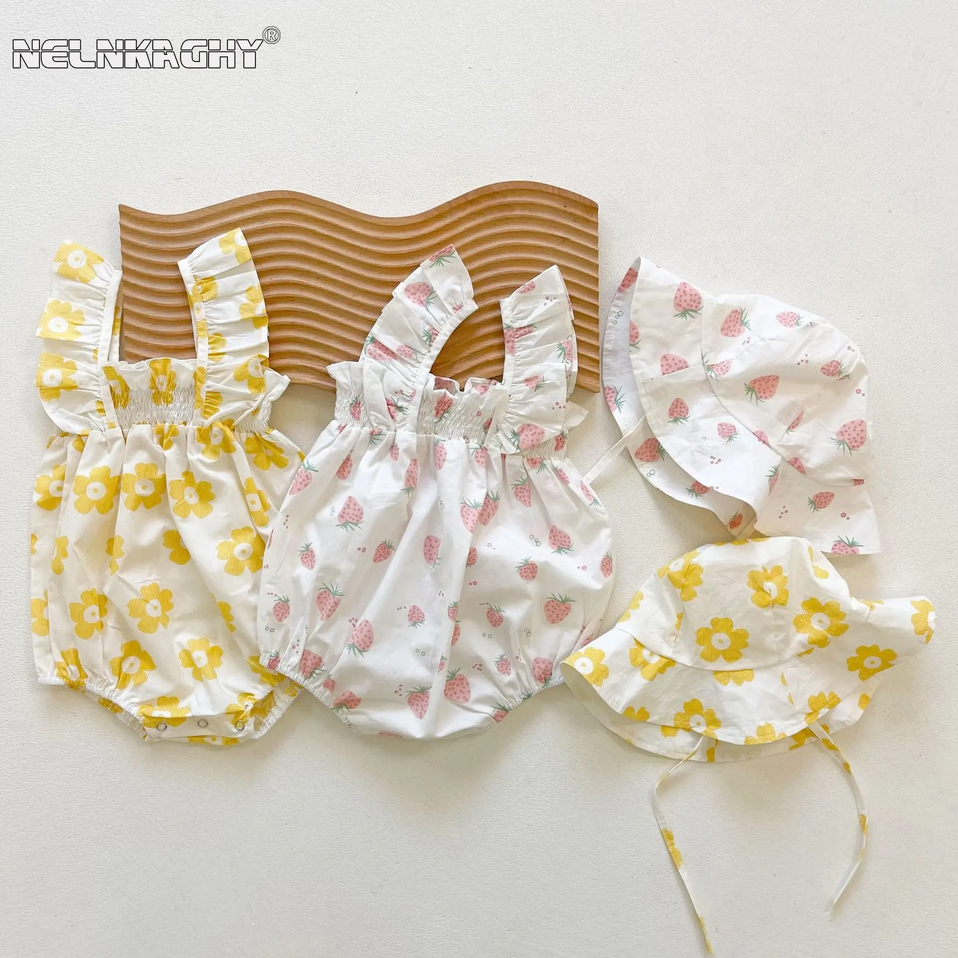 2023 New In Summer Newborn Girls Fly Sleeve Strap Flower Print Cotton Outdoor Clothing Jumpsuits Kids Baby Infant Bodysuit+hat