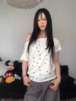 Retro Korean Sle Embroidered Star oulder Bared ort Sve Loose Fit T-irt for Women Summer Cotton Moisture ng