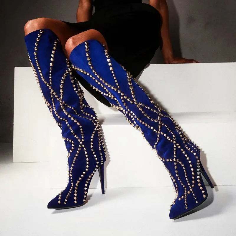 

2024 New High Barrel Pointed Rivet Thin Heel Ultra High Heel Fashion Boots Fashion Sleeve Knee Long Boots