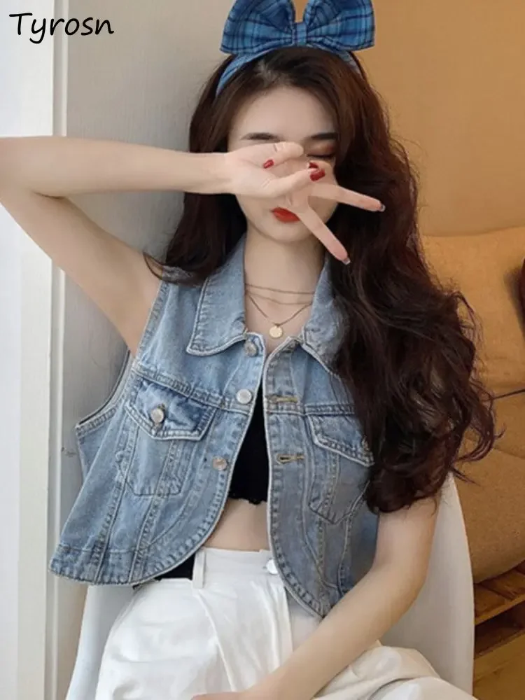 

Denim Vests Women Design Crop Fashion Solid Summer Simple BF Daily All-match Outwear Sleeveless Leisure Turn-down Collar Ulzzang