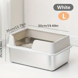 Spacious Leak-Proof Stainless Steel Cat Litter Box with High Walls and Easy-Clean Lid (White L)