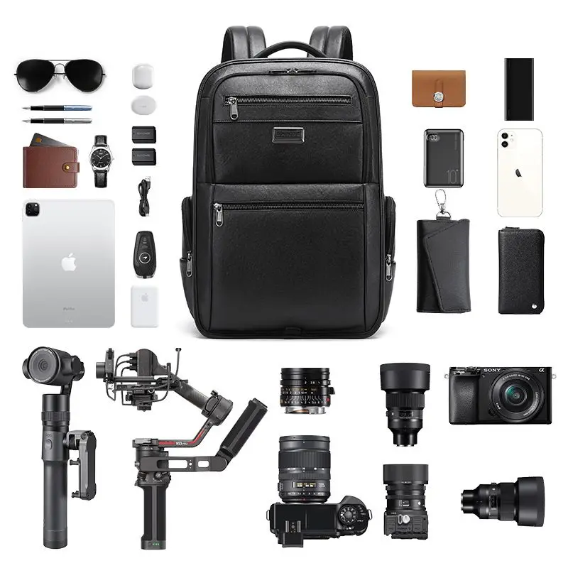 Waterproof Leather Laptop Backpack with USB Charging for Men