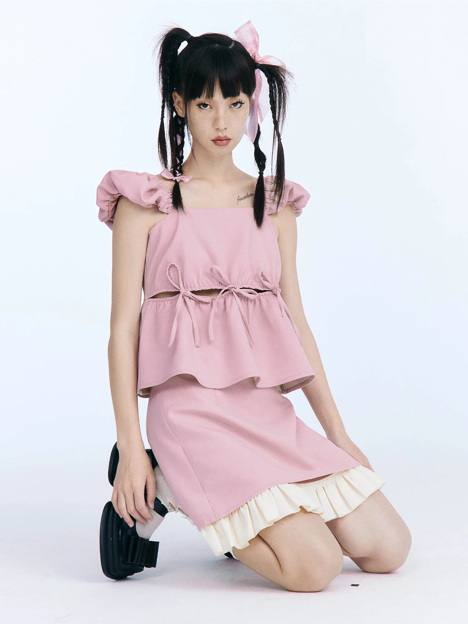 Sweet Cute Girl Square Collar Flying Sleeves Hollow out Lace-up Back Bow High Waist Slim A-line Short Skirt Two-Piece Sets Women