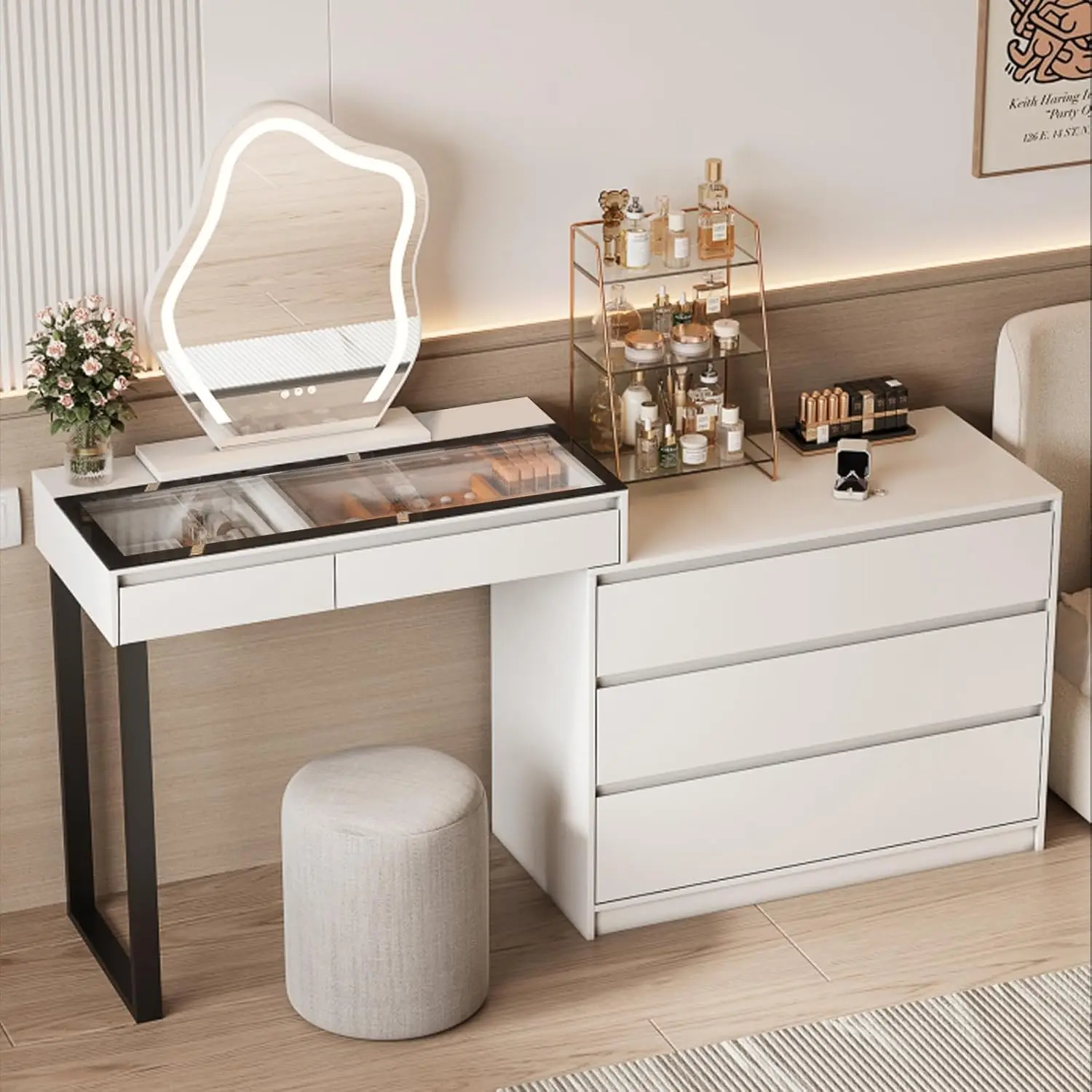 Corner Makeup Vanity Desk with Mirror and Lights 58" Modern L-Shaped Vanity Table with Glass Top Large Dressing Table with 2