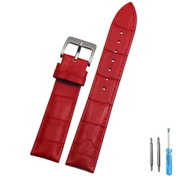 Premium Genuine Leather Watch Strap with Steel Buckle - Includes Tool for 22mm (Red silver)