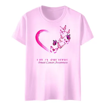 Breast Cancer Awareness T-shirt Women Pink October Short Sleeves Tees Tops Crew Neck Butterfly Heart Graphic T Shirts 5