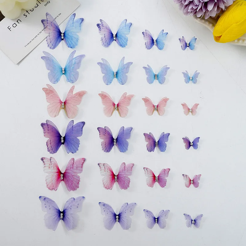 Double-Layer Accessories Butterfly With Diamond Thin Gauze Women's Headdress Clothing Accessories Mesh Small Butterfly 50PCS, craft supplies
