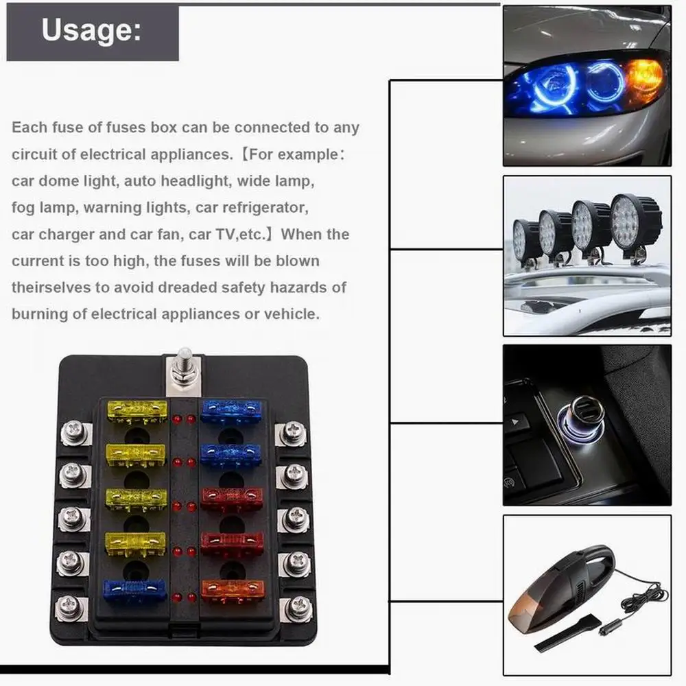 10 Ways Car Blade Fuse Box Holder with LED Indicator Light for Car Boat Marine fuse box