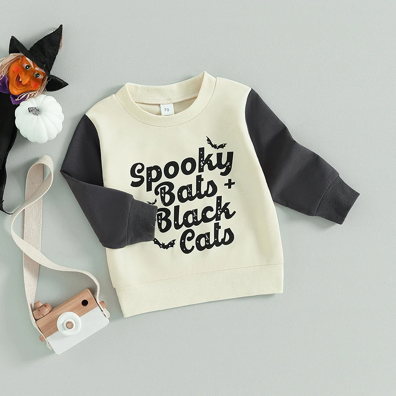 

Toddler Boy Girl Halloween Sweatshirt Long Sleeve Round Neck Letter Bat Print Pullover Loose Tops