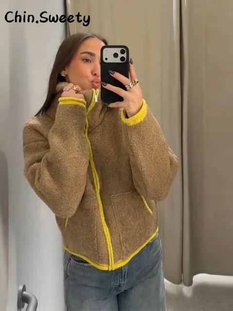 Casual Women's Contrast Color Knitted Coats Stand Collar Full Sleeve Zipper Pockets Jacket 2025 Autumn Winter Lady Warm Outwear 4