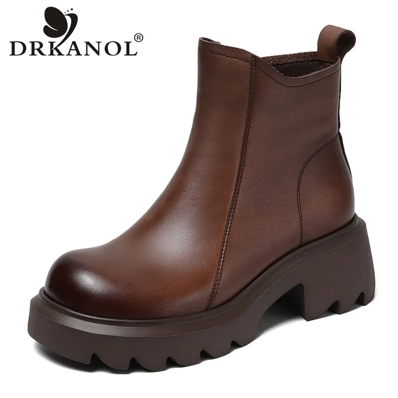 DRKANOL 여성용 진짜 암소 가죽 플랫폼 앵클 부츠, 따뜻한 두꺼운 힐 첼시 부츠, 수제 레트로, 럭셔리 디자인, 가을 겨울