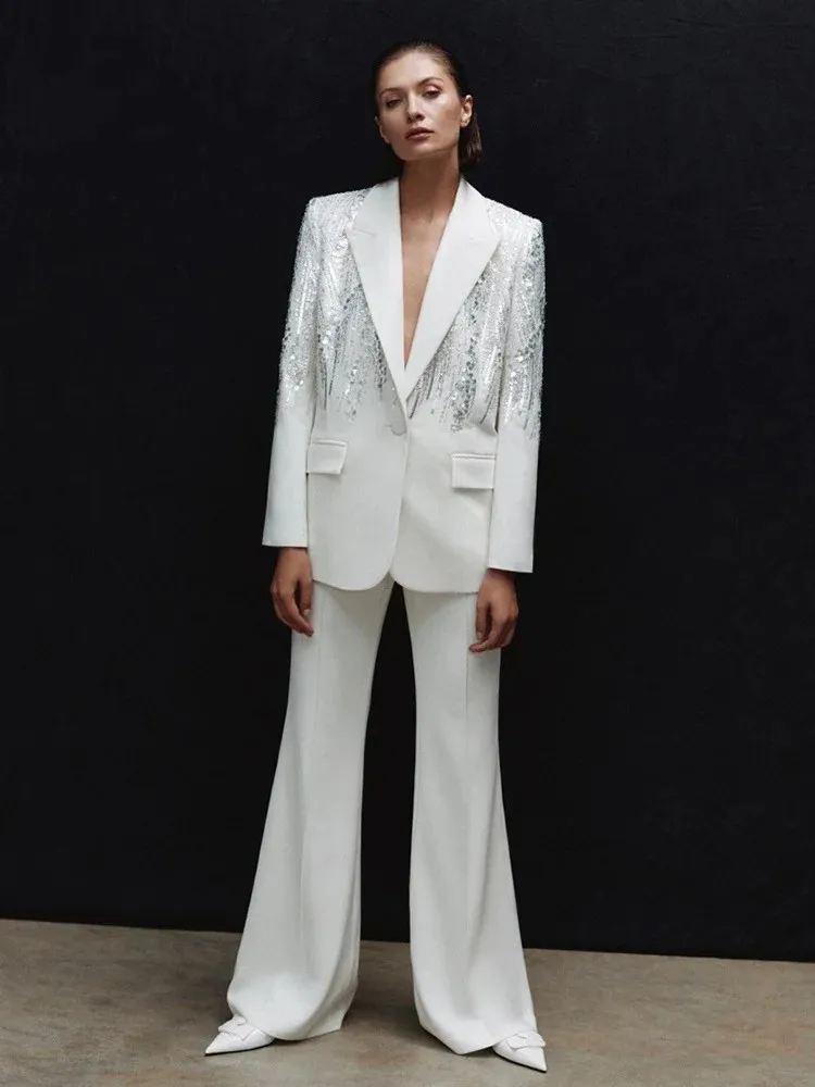 

Женский роскошный пикантный блейзер с длинным рукавом, пальто с блестками, белый бандажный комплект из шифона, уличная мода знаменитостей, Модный женский комплект, 2024