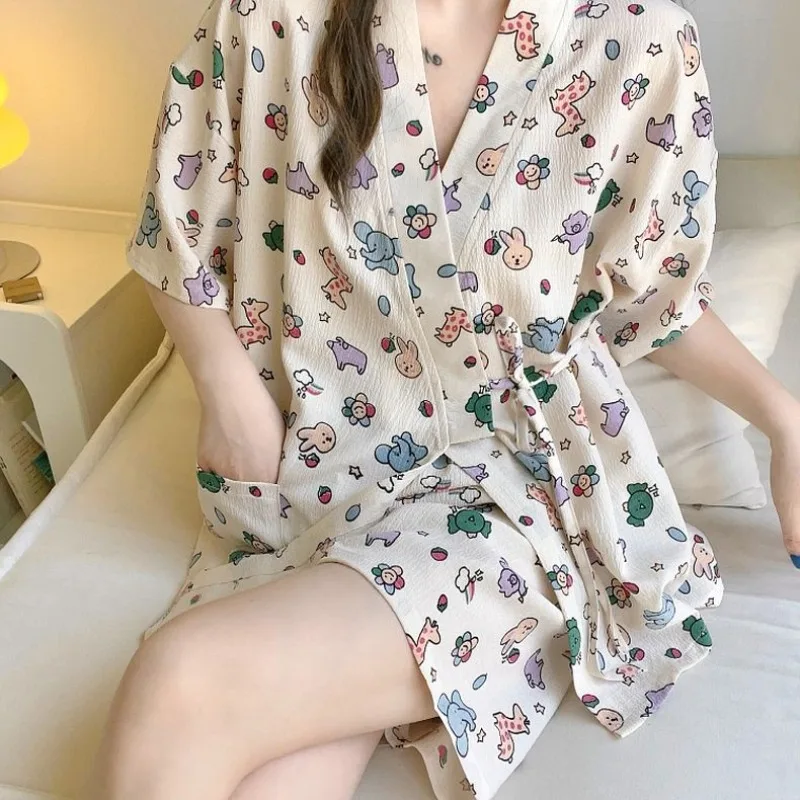 Bubble Cotton Yarn Pajamas Woman  Spring and Autumn Sweet and Fresh Lacing Cartoon Long-sleeved Trousers Loungewear Pajama