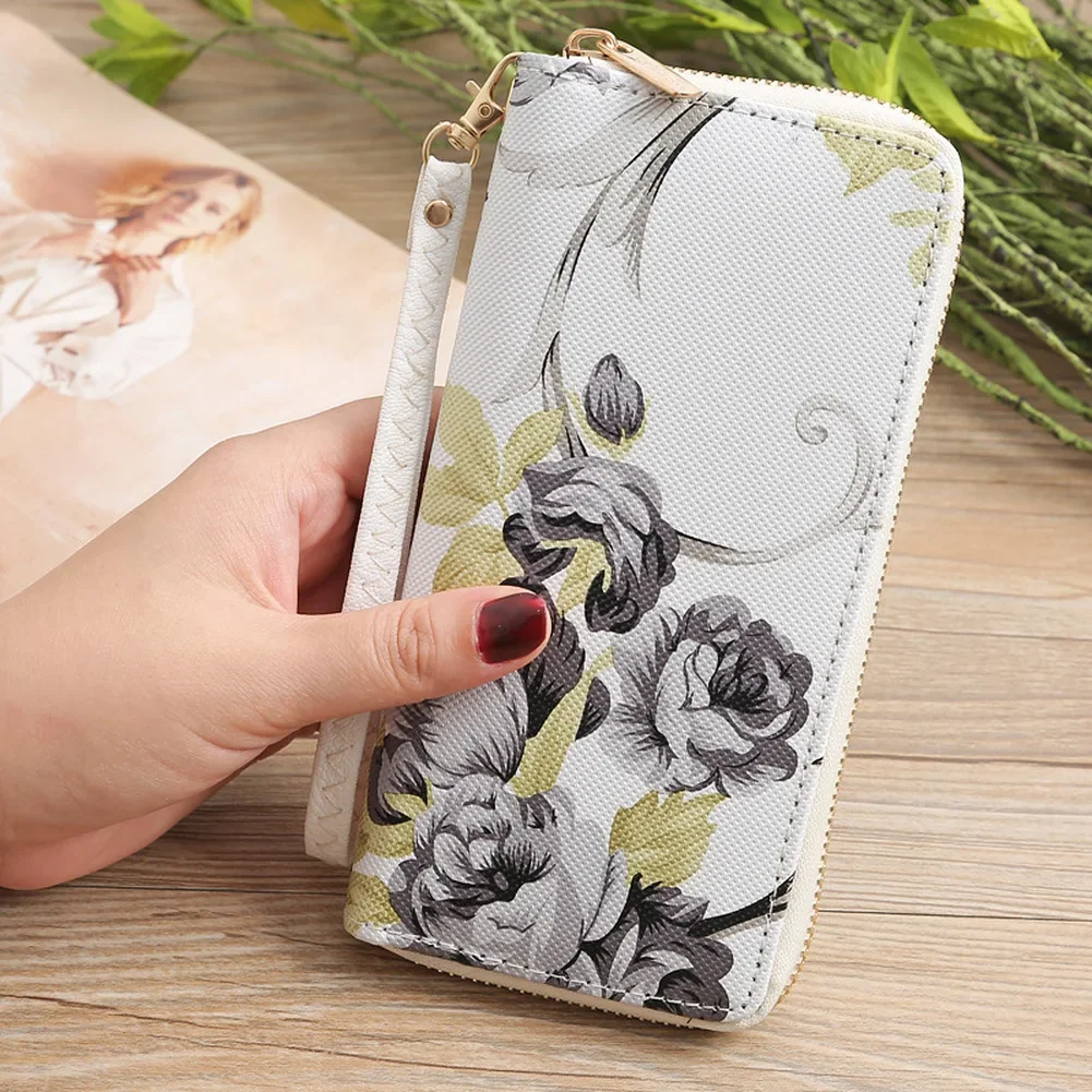 Women Wallet Rose Print Long Handbag Fashion Wild Zipper Clutch Multi-card Purse Card Holder