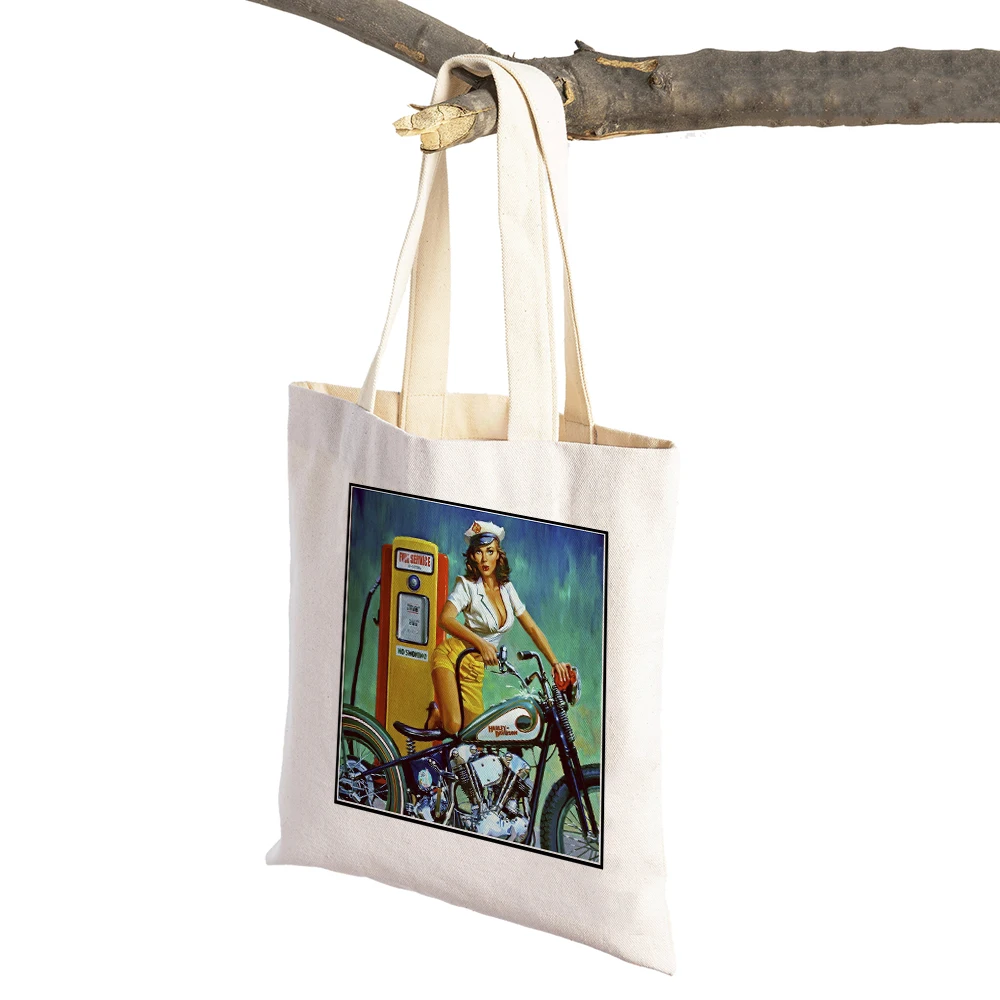 

Casual Motorcycle Lady Supermarket Shopper Bag Cartoon Sexy Girl Tote Handbag Canvas Vintage Oil Painting Women Shopping Bags