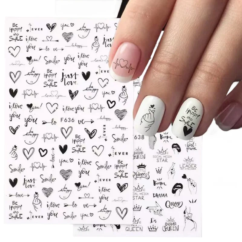 

3D Self-adhesive Nail Sticker Black And White Love Anime Design Decal Letter Nail Art Decorations DlY Flower Print Nail Products