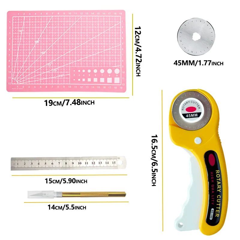 6종 세트 [45mm 롤러 나이프 + A5 커팅 매트 + 조각펜 + 15mm 스틸 자 + 교체용 조각 칼날 + 클립] 수제 나이프 세트, 공예, 바느질, 퀼팅 및 DIY 프로젝트에 매우 적합