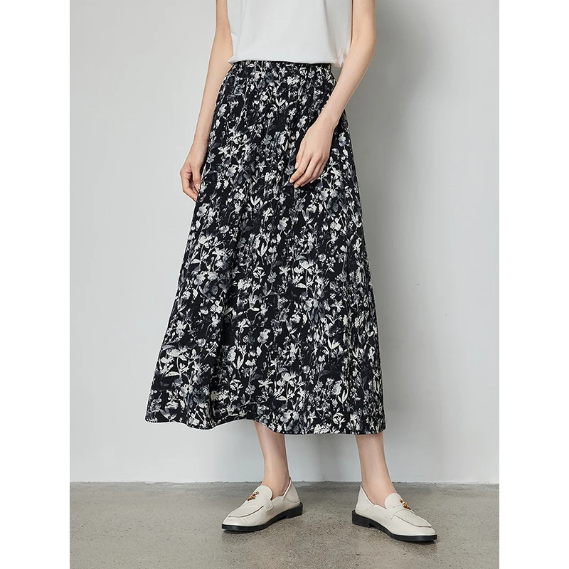 TOYOUTH Women Skirt Summer High Elastic Waist A-shaped Oil Floral Print Fashion Elegant Daily Holiday Mid-length Skirt