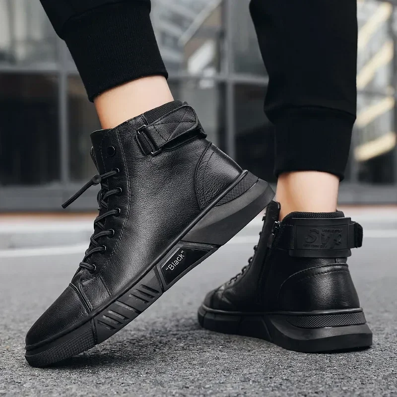 2024 Autumn Winter Fashion Men's Ankle Boots PU Leather High Quality Comfortable Black Leather Platform Casual Shoes 2