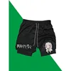 FrierenPrint 2in1 Running Workout Shorts Men Gym Performance Compression Shorts with Phone Pocket Towel Loop Athletic Activewear