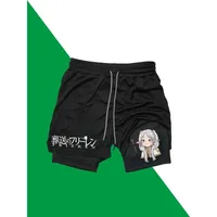 FrierenPrint 2in1 Running Workout Shorts Men Gym Performance Compression Shorts with Phone Pocket Towel Loop Athletic Activewear