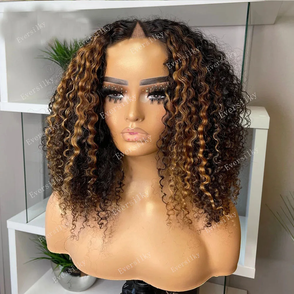 

Парики из 100% человеческих волос Блонд с эффектом омбре, черный надувной кудрявый необработанный парик без клея, кудрявые завитки, полный 1x4 U-образный открытый