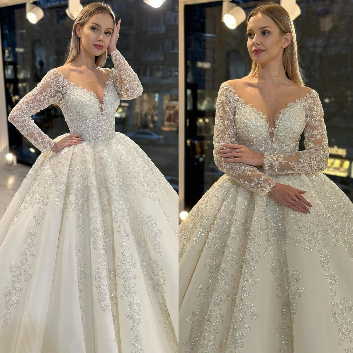 

Exquisite Lace Bridal Gowns Appliques Sheer Neck Jewel Wedding Dress Custom Made Glitter Long Sleeves Vestido de novia