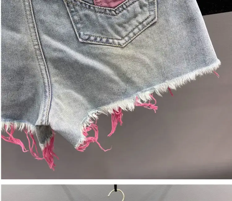 Colorful distressed denim shorts for women's 2024 summer new high waisted slimming edge wide leg pants hot pants