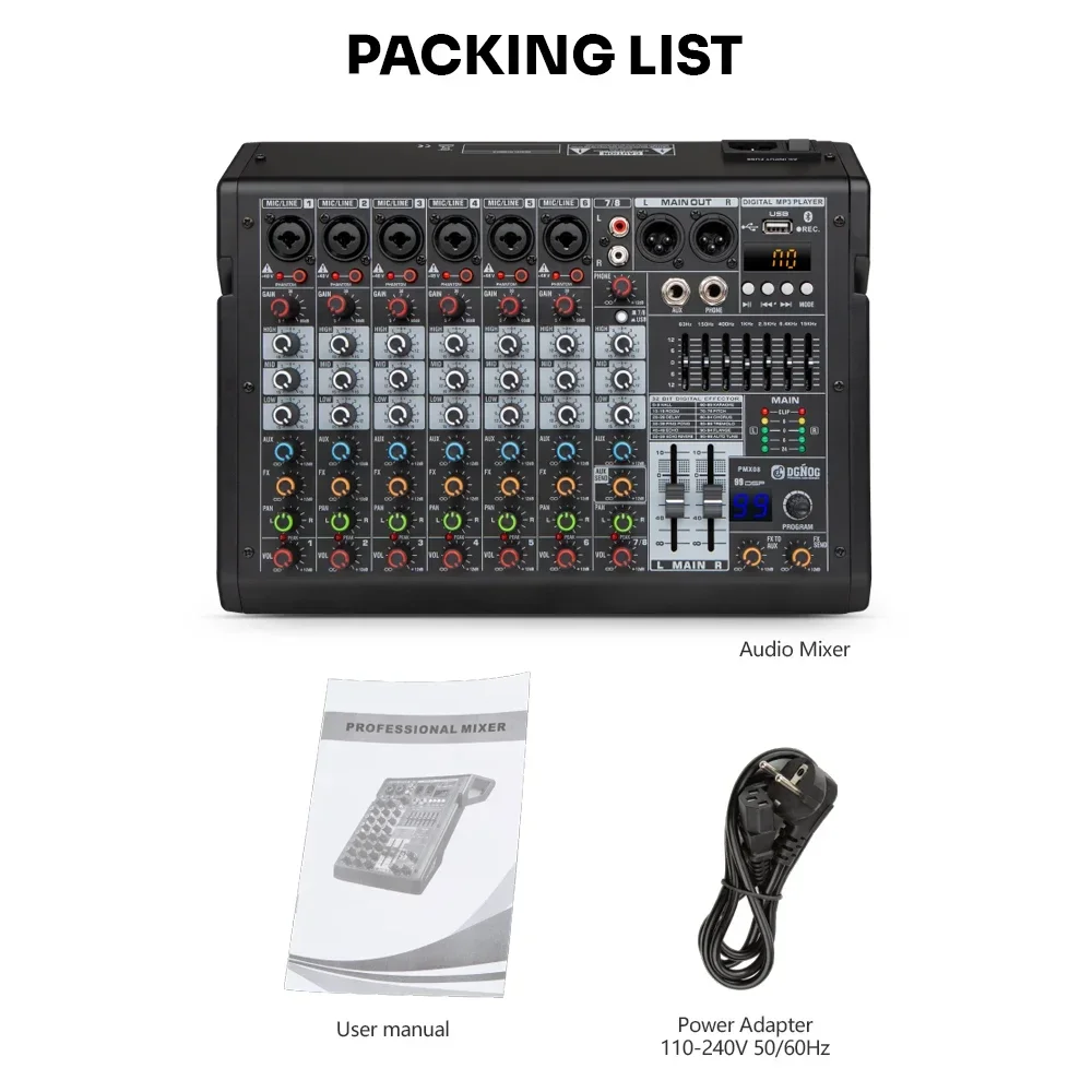 Mini 4-kanaals stereo geluid mengconsole, mengpaneel met USB Bluetooth en 48V Phantom Power, DJ Live Audio Mixer met hall-effect voor karaoke podium, thuis-KTV, opnamestudio's, live streaming