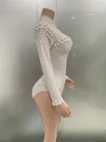 Women Sexy White Pearl Long Sleeved  Elastic Tight Fitting Jumpsuit Club Party Dress DJ Female Singer Stage Performance Dress - Image 4